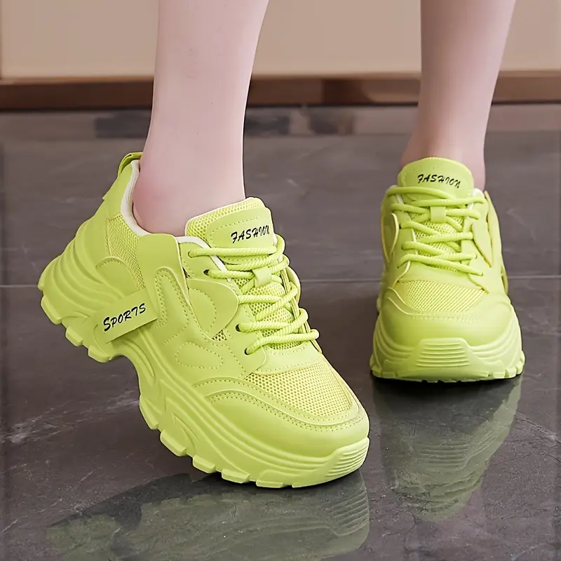 Women's Breathable Running Sneakers - Lace-Up Chunky Platform Sneakers, Neon Green Casual Walking Shoes with Thick TPU Sole, All-Season Comfort Design, Casual Sneakers |   Trendy Footwear |   Synthetic Synthetic Leather Upper Girl Trainer Training Runner