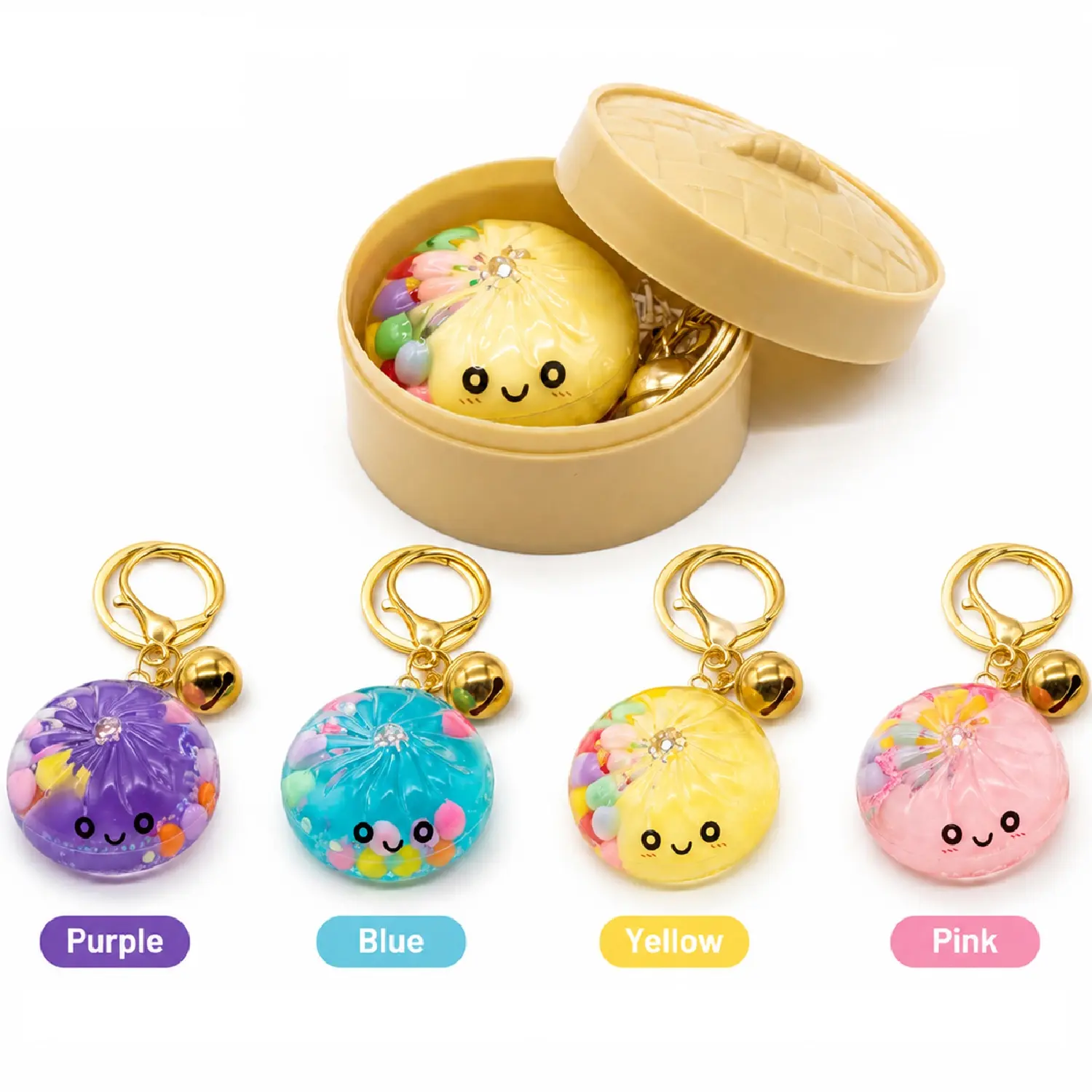 glitter sand dumpling Keychain, Kawaii Steamed Bun Food Charm Pendant for Backpack Purse, Novelty Dumpling Key Ring Gift for Girls