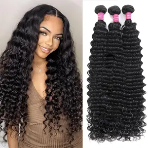 Deep Wave Human Hair Bundles Curly Deep Wave Bundles Unprocessed Brazilian Virgin Wet and Wavy Bundles human hair 12A Hair Extensions Real Human Hair for Woman Natural Color Full, Soft