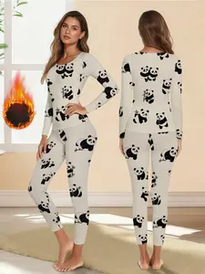 Women's Panda Print Long Sleeve Thermal Underwear Set, Stylish Slim-Fitting Base Layer for Fall & Winter, Perfect for Cold Weather