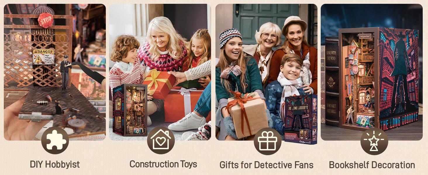 The Long Goodbye DIY Book Nook Kit, Detective Theme 3D Wooden Puzzle with Built-in LED Light, Puzzle-Solving Elements, Fun Stress Relief Assembly for Adults Teens, Exquisite Gift for Mystery Lovers Friends Family