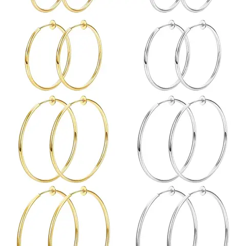 8-Pair Stainless Steel Clip-On Hoop Earring Set, Gold-Tone and Silver-Tone Spring-Loaded Non-Pierced Earrings in 4 Sizes for Women, Ear Clips
