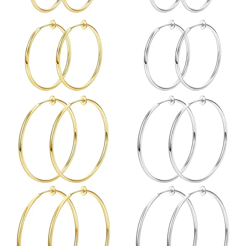 8-Pair Stainless Steel Clip-On Hoop Earring Set, Gold-Tone and Silver-Tone Spring-Loaded Non-Pierced Earrings in 4 Sizes for Women, Ear Clips