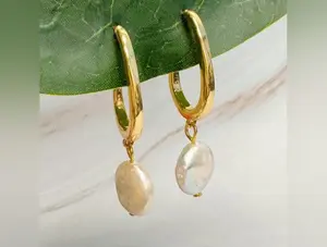 Dangle Pearl Gold Hoop Earrings