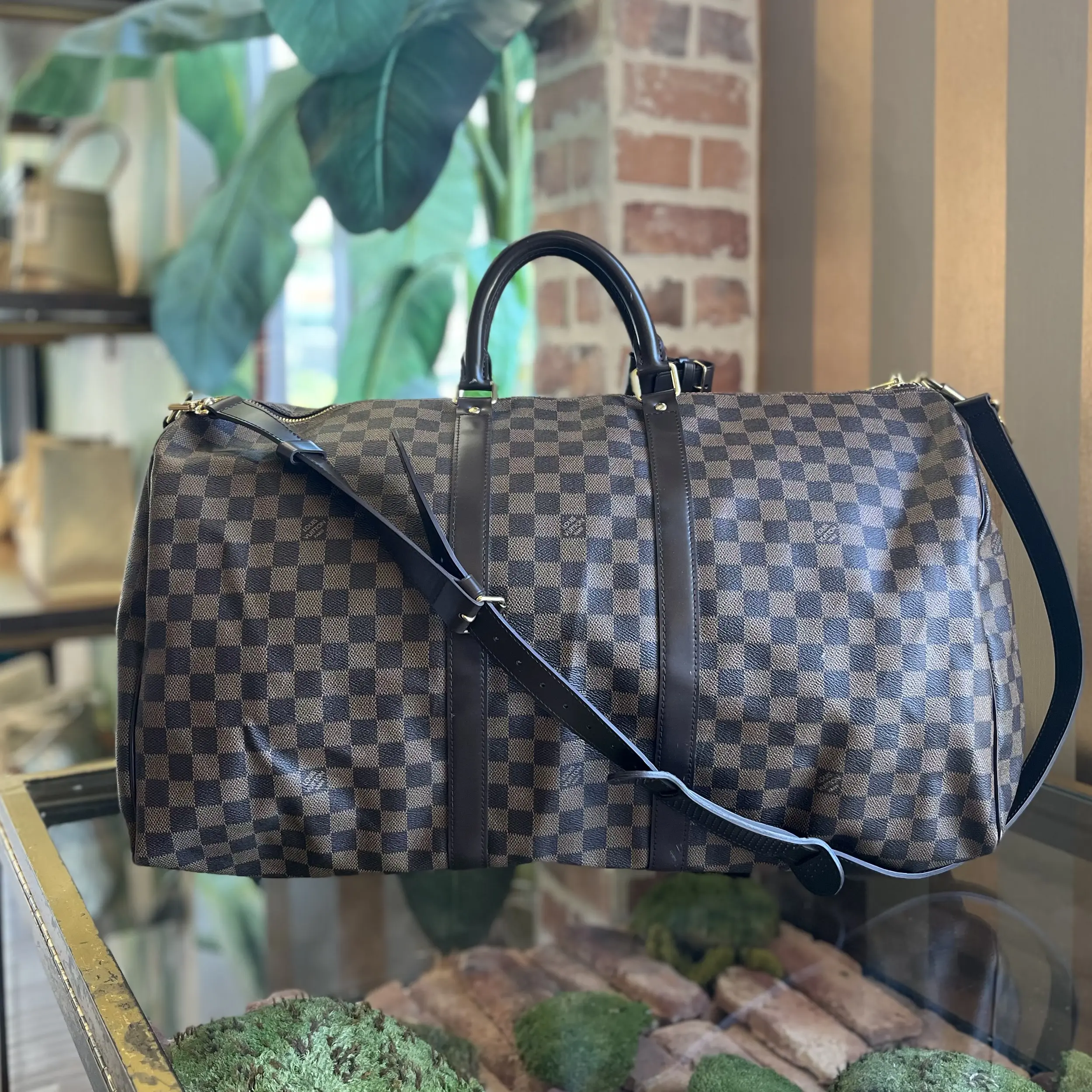 Pre-owned Louis Vuitton canvas Crossbody Bags Keepall 55 Damier Ebene Brown Duffel