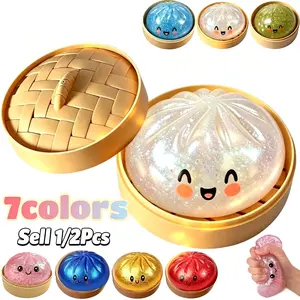 Dumpling Squishy Toy Ball - 7 Colors Glitter Crystal Effect Squeezy Stress Ball for Teenager & Adults - Sensory Fidget Toy for Anxiety Relief, Perfect Gift.