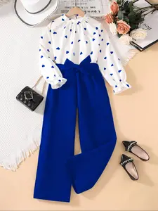 Two-piece Set Girl's Heart Print Mock Neck Top & Wide Leg Belted Pants Set, Elegant Fashion Casual Outfit Set Top & Trousers for Daily Outdoor Wear, Kids Clothing for Spring ＆ Fall
