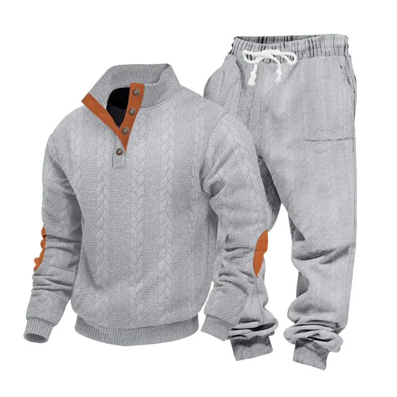 KZZ Men's Fall Winter Fashion Set Heavyweight Knit Texture Hoodie Trendy Stand Collar Henry Sweatshirt Casual Plain Fit
