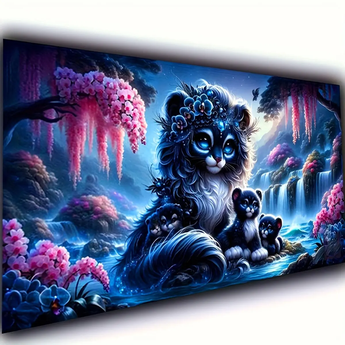 1 PC 5D Full Drill Round Acrylic Diamond Painting Kit - Vibrant Tiger & Cub Waterfall Fantasy Animals Flower Wall Art, DIY Kit with 1x Diamond Tray for Adults, Decorative Home Decor, 40x70cm(16x28 inch) summerwins