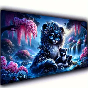1 PC Vibrant Tiger And Cub waterfall Scene Fantasy Animals Flower Wall Art 5D Diamond Painting Kit - DIY Full Drill Round Acrylic Diamond Mosaic Art for Home Decor 40x70cm(16x28 inch)