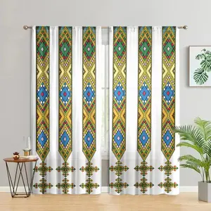 Ethiopian Pattern Curtain, 2 Counts/set Bohemian Style Semi Transparent Curtain, Decorative Curtain for Living Room Bedroom Study