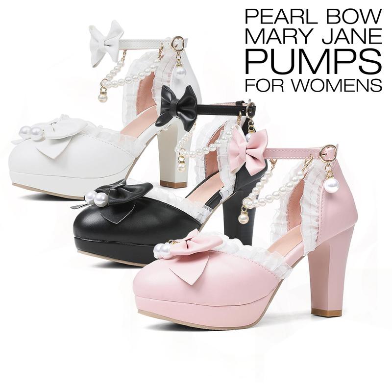 Womens Mary Jane Lolita Pumps Round Toe Platform Chunky High Heels Bow Ankle Strap Pearl Chains Party Gifts for her Wedding Dress Kwaii Cute Shoes Valentine Party Heels