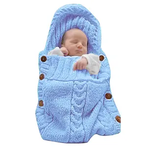 Newborn Baby Wrap Swaddle Blanket Knit Sleeping Bag Sleep Sack Stroller Wrap for Baby Light Blue 0-6 Month