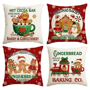 4pcs Christmas Gingerbread Man Pillowcase 18 X 18 Inches, Home Decorative Cushion Christmas Bakery Hot Chocolate Porch Terrace Outdoor Pillowcase, Winter Baking Couple Gift Cushion Cover, Halloween Decoration, (no Pillow Core)