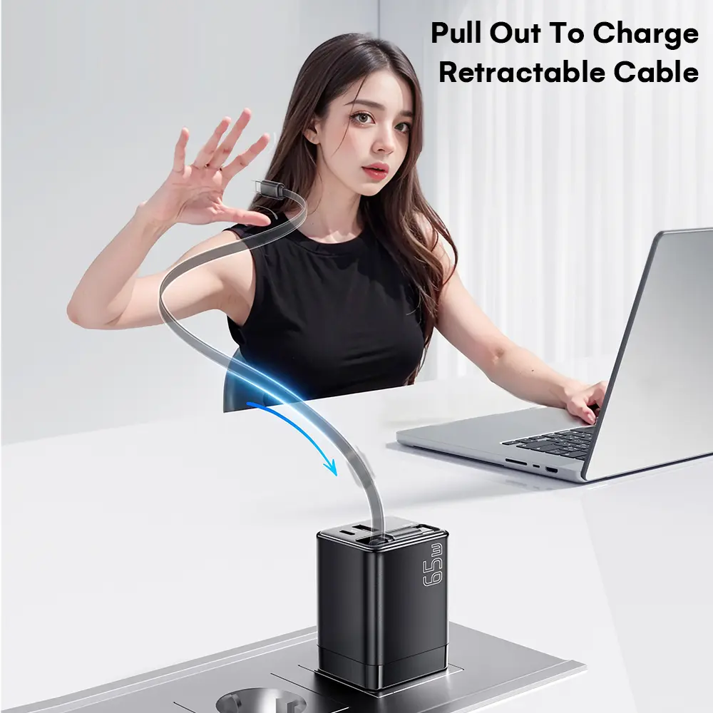 65W GaN3 Fast Charger with Retractable Type-Cc and ligting Cable,Portable Adapter for iPhone 16, iPad, MacBook,Multi-Device Fast Charging, Folding Charing Cellphone Electronic Smartphone portable charger magnetic phone charger