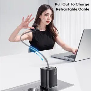 65W GaN3 Fast Charger with Retractable Type-Cc and ligting Cable,Portable Adapter for iPhone 16, iPad, MacBook,Multi-Device Fast Charging, Folding Charing Cellphone Electronic Smartphone portable charger magnetic phone charger