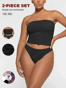 Plus Size 2 Piece Tube Top Set 1xl-4xl, Soft Stretch Comfy Basic Fit Everyday Lounge Wear, High Waist Sleeveless Wrap Design, Ideal for Casual Home