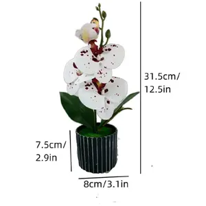 White and Red Orchid in Black Pot - 31.5cm Tall with 7.5cm Base, 8cm Leaves