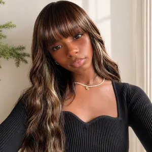 VOSILK Brown Highlight Wigs with Bangs Long Curly Wig for Women Natural Long Wavy Wig Synthetic Hair Wigs for festival holiday Use 26inch
