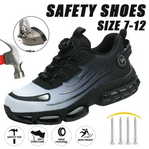 Oil Resistant Men's Breathable Mesh Work Sneakers Steel Toe Anti-Slip EVA Sole Durable Comfort Fit All Seasons Casual Striped Elastic Closure Safety