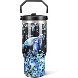 30oz Sea Turtle Gifts Tumblers for Women with Handle and Straws, Stainless Steel Vacuum Insulated Coffee Tumbler, Travel Mug Water Bottle, Sea Turtle Stuff Accessories Decor