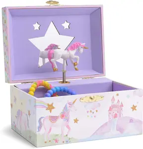 Musical Jewelry Box for Girls with Spinning Unicorn, Glitter Rainbow and Stars Design Music Box for Necklace, Earrings, and Accessories, Plays The Beautiful Dreamer Tune