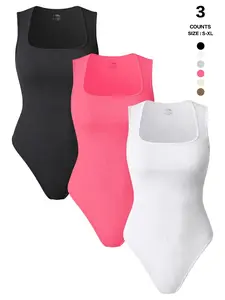 Womenswear Three-Piece Ribbed Square Neck Tank Bodysuit with Fitted Design, 90% Nylon 10% Spandex, Comfortable and Stylish for All Seasons Solid Ribbed Bodysuit SpringStatements