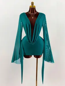 Women's Earth Tone Bodycon Mini Dress | Draped Neck Bell Sleeve Dress | Romantic Vacation Party Outfit