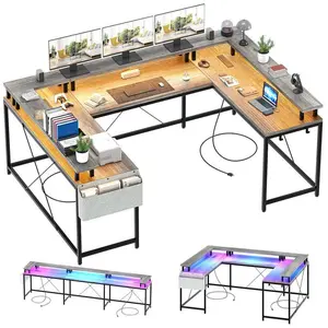 Grey U Shaped Computer Gaming Desk with Power Outlets & USB Ports, LED Strip and Monitor Stand, Reversible L Shaped Desk with Storage Shelves for Home Office