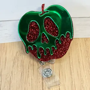 Poison Apple Badge Reel - Green mirror Design with Red glitter Detail and Clear Retractable Holder