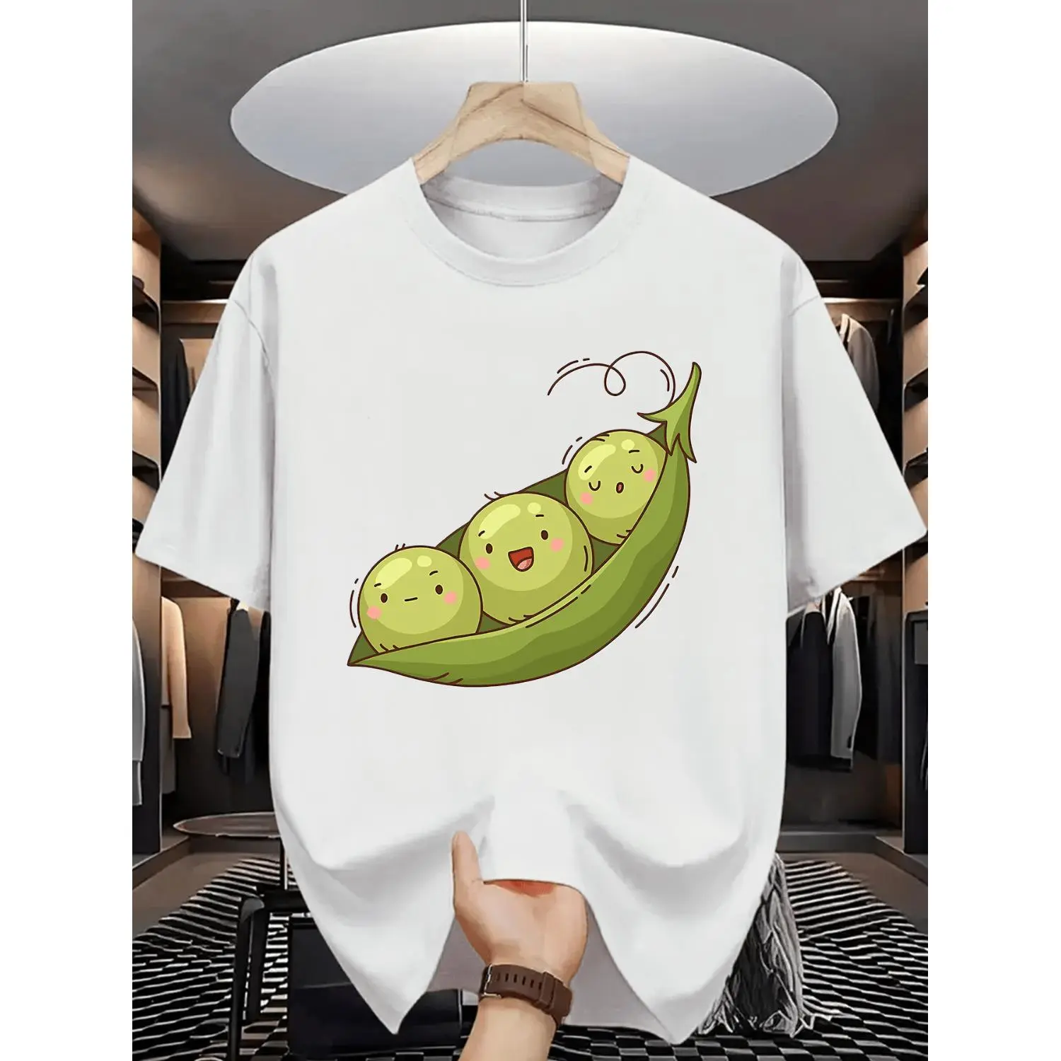 Pea Pod Print Men's U-Neck T-Shirt, Fresh and Cute Childlike Style, All-Season Wear for Spring, Summer, and Autumn, Ideal for Those Who Love Natural and Rural Life