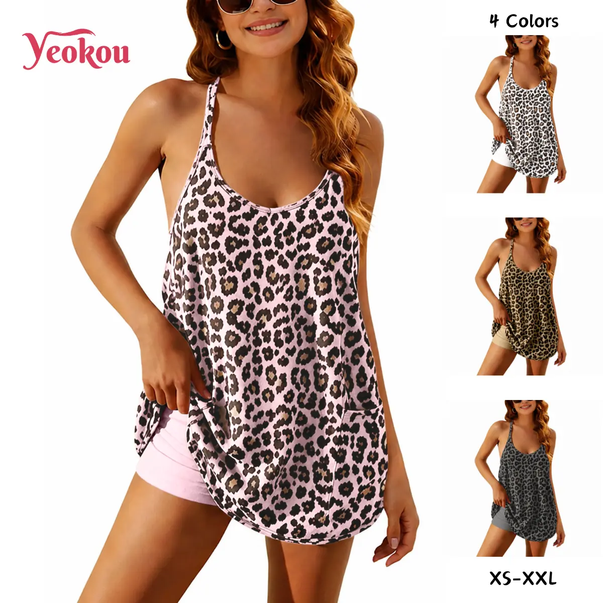 Yeokou Women's Summer Leopard Print Tennis Dress Sleeveless Spaghetti Straps V Neck Mini Dress, Built-in Shorts Casual Athletic Dress with Side Pockets