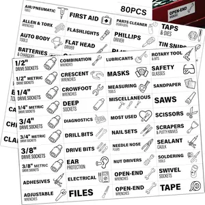 Tool Organizer Stickers - 80 Pcs Waterproof Tool Box Label Stickers, Toolbox Drawer Labels for Garage Storage, Socket Wrench Identification for Garage, Workshop, and DIY Projects 3.1x1 Inch, White