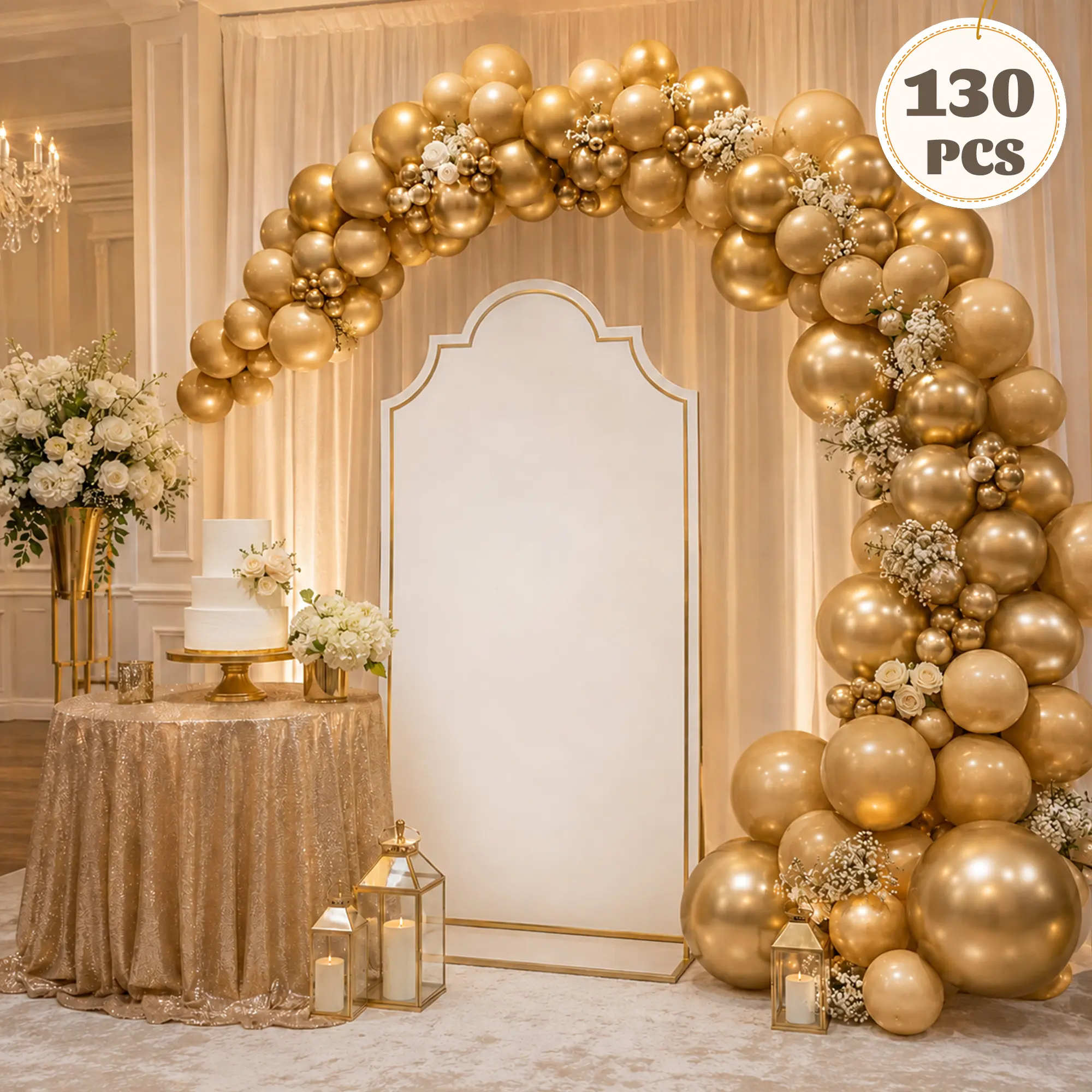 JOYYPOP 130-Piece Metallic Gold Balloon Garland Kit, 5/10/12/18-Inch Assorted Sizes, for Christmas, Wedding Party Decorations (Home & Festive Supplies)