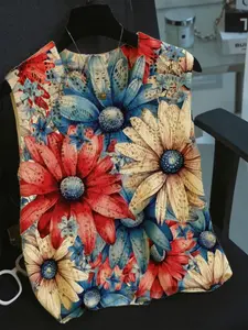 Women's Colorful American Literary Style Elegant Floral Print Sweater Vest, Round Neck Sleeveless Knit Top, Comfortable Breathable Casual Wear