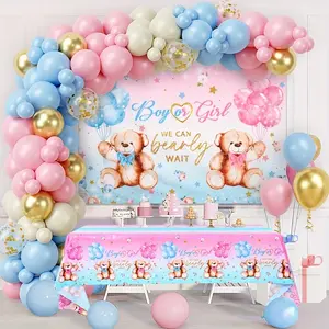 99pcs/Set,Pink Blue Bear Backdrop Tablecloth Balloon Set,Metal Confetti Latex Balloons,Baby Shower Party Supplies,1st Birthday Party Decor,Gender Reveal Photography Props Decoration,Pink Blue Gender Reveal Party Decor,Party Packs