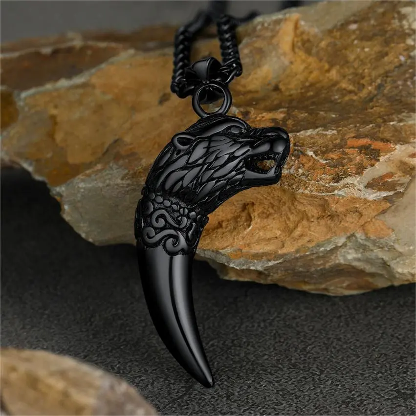 FaithHeart Viking Wolf Head Fang Pendant Necklace for Men, Women, Stainless Steel Amulet Jewelry Symbolizing Courage, Power, Travel, Casual, Animal, Unisex, Tooth Necklace
