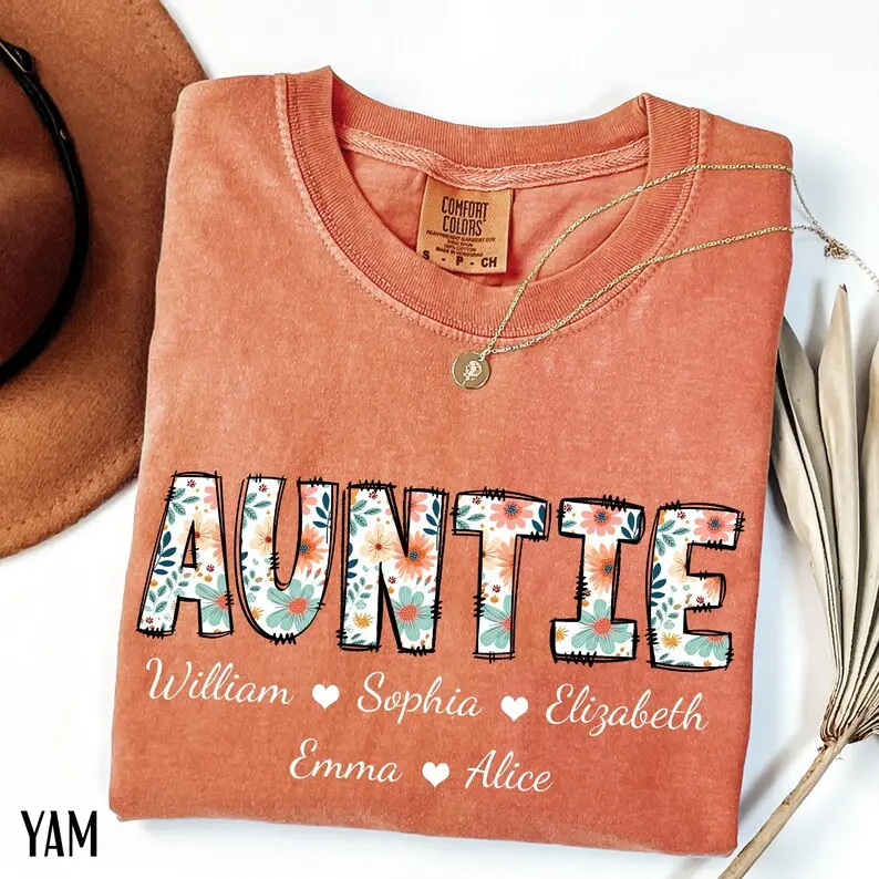 Personalized Auntie Shirt with Grandkids Names Shirt, Floral Auntie T-Shirt, Mother's Day Gift, Custom Kids Names Auntie Graphic Tees, Gift For Her