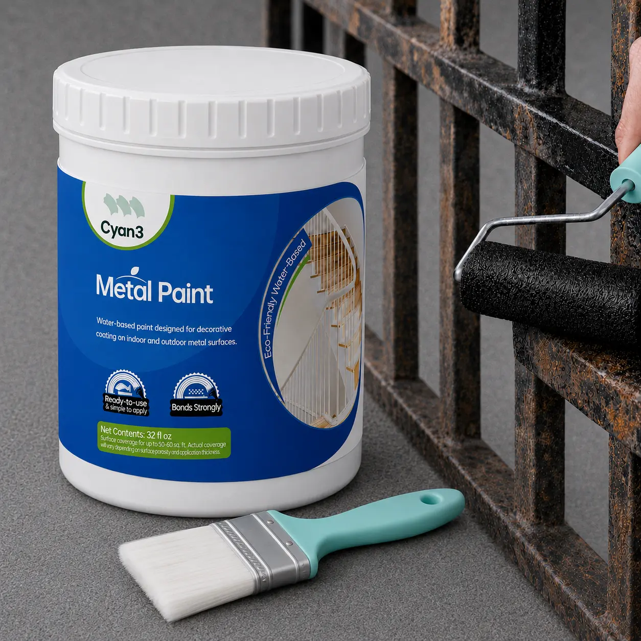 Cyan3 Water-Based Metal Paint, Rust Resistant Coating for Indoor & Outdoor Metal Surfaces, Fast Drying, Waterproof Protection, Easy DIY Application
