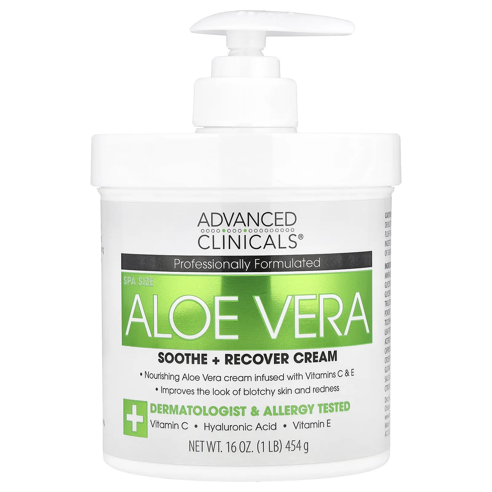 Advanced Clinicals Aloe Vera, Soothe + Recover Cream, 16 oz (454 g)