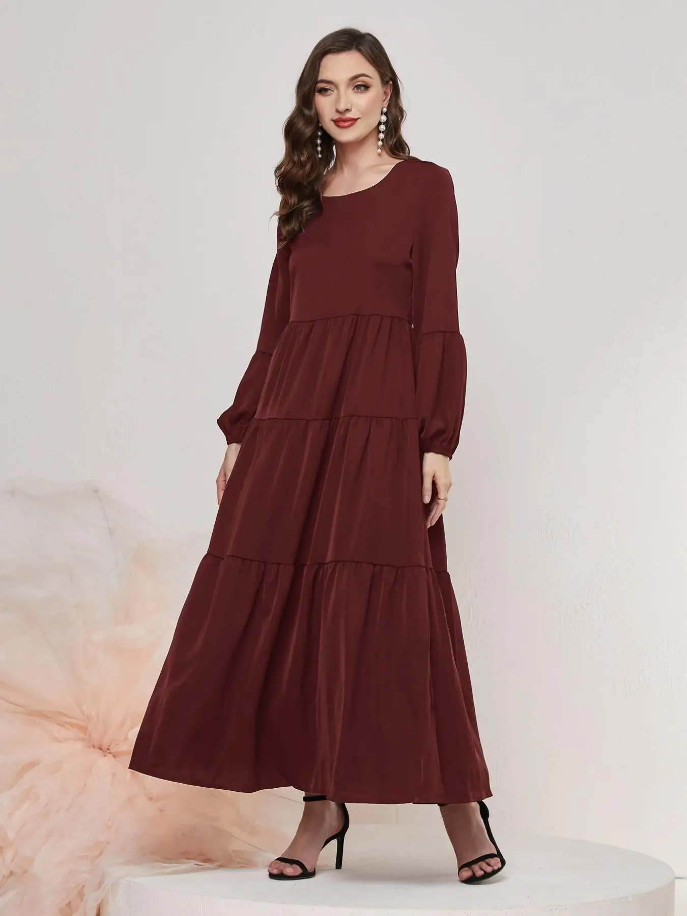 Women's Plain Bishop Sleeve Tiered Ruffle Long Dress, Summer Outfits 2024, Casual Loose Arabian Dress Clothes, Please Purchase One Size Smaller