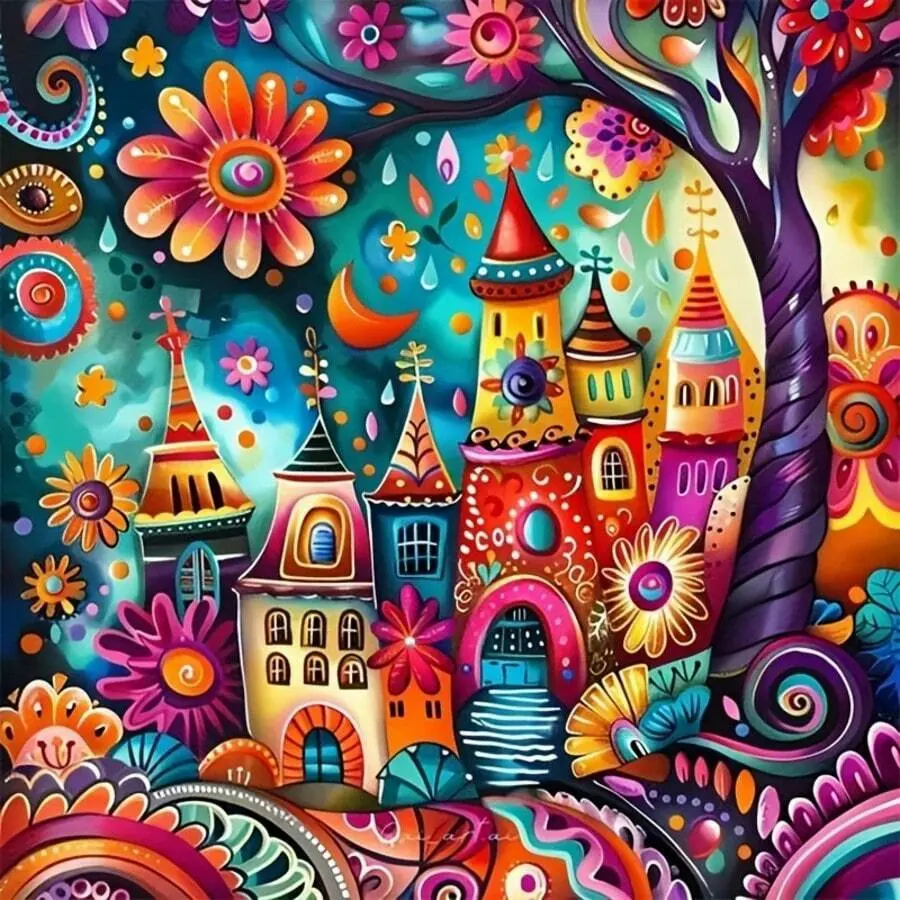 Colorful Whimsical Castle with Vibrant Floral & Swirl Patterns 5D Full Drill Diamond Painting Kit, Diamond Pattern Design, Crystal Rhinestone Embroidery, Fairy Tale Wall Decor, DIY Craft for Home Living Room, Art & Craft Enthusiasts