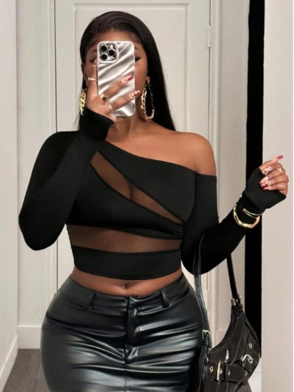 BamGleam Black Off-Shoulder Patchwork Long-Sleeved Sexy T-Shirt In English