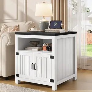 Vividwood Farmhouse End Table with Charging Station, 24" Large Side Table with Open Shelf and Barn Door Storage, Wood Square Bedside Table Nightstand for Living Room, Bedroom (1, White)