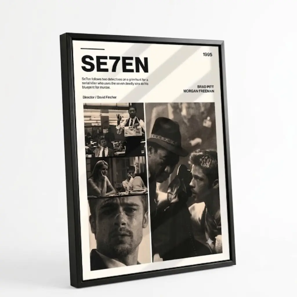 David Fincher Cult movie canvas mural, SE7EN 1995 split style photo collage printing and retro Grunge fight club danger poster, black thriller movie decoration for men's cave dormitory bar