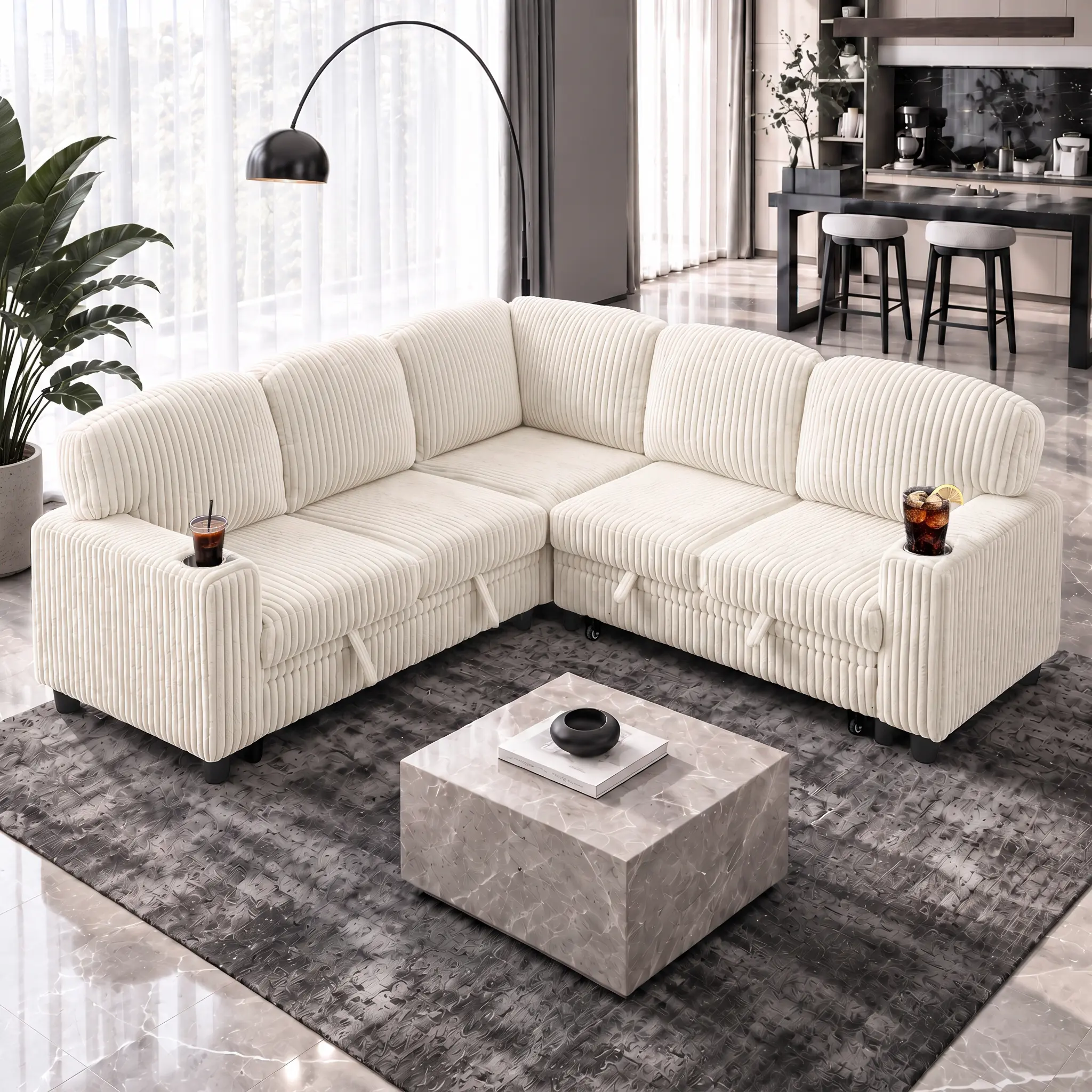 Eyisean 81" L-Shaped 3-Piece Sectional Sleeper Sofa, 5-Seater 2-in-1 Modular Couch with Pull-Out Bed, Storage Space & USB Charging, Comfy Corduroy Sofa for Living Room, Apartment, 2 In-1 Sofas & Couches, 3-Piece Sectional Sofas & Couches