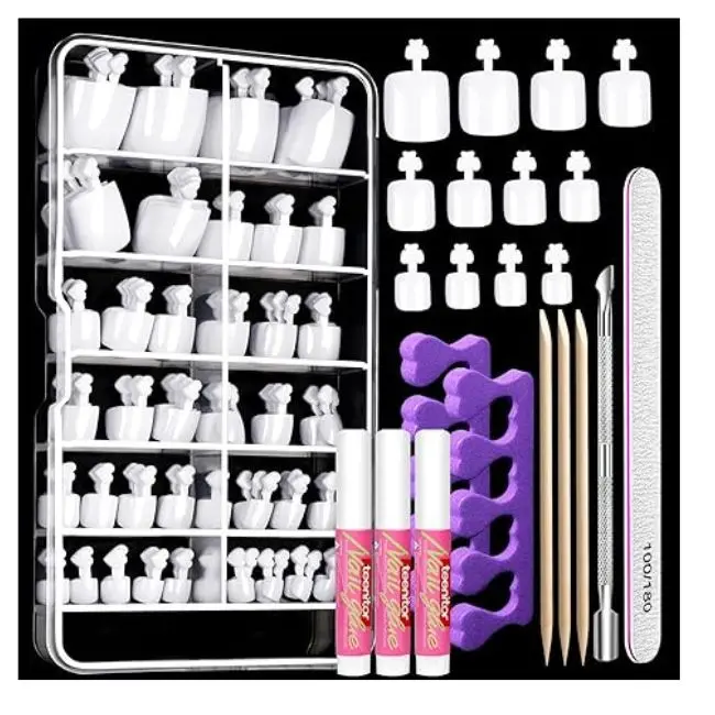 White Press on Toenails for Women with Nail Glue, 120pcs White Toe Nail Press ons Acrylic Toenail Kit, Toe Nail Tips Square, Fake Toe Nails Glue on Toe, False Toenails for Missing Toenail