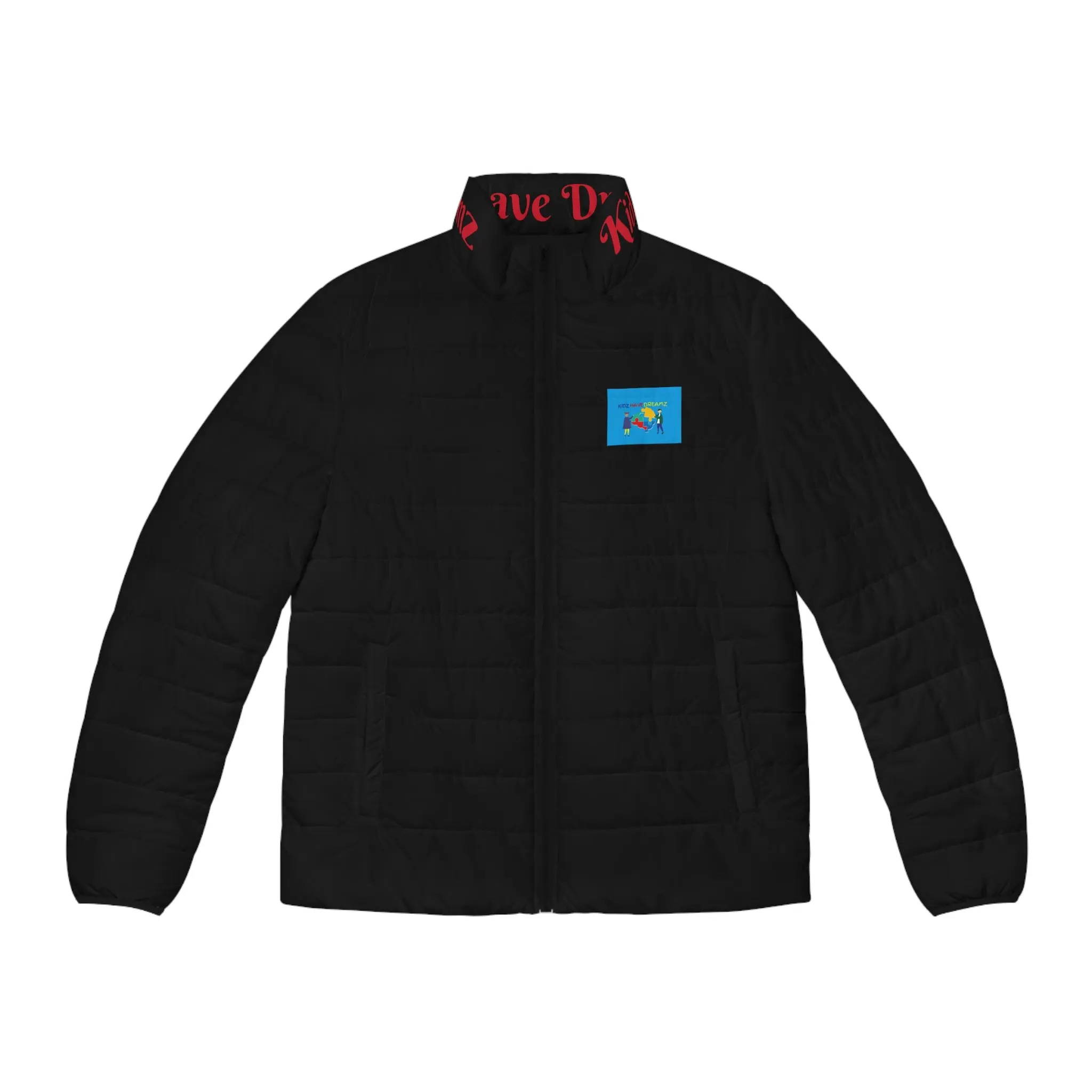 Men's Puffer Jacket - Dark Blue, Soft Polyester, Zipper Closure, Front Collar, Pockets, AOP Model Menswear Coats