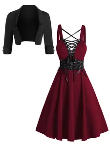 2025 Women's Gothic Dress Lace Up Buckle Strap Crisscross Plunging Neck High Waisted A Line Mini Dress and Cropped Jacket Matching Outfit