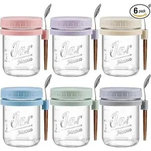 BASIC SUPPLY 6 Pack Overnight Oats Containers with Lids and Spoons, 16 oz Glass Mason Overnight Oats Jars, Large Capacity Airtight Jars for Milk, Cereal, Fruit